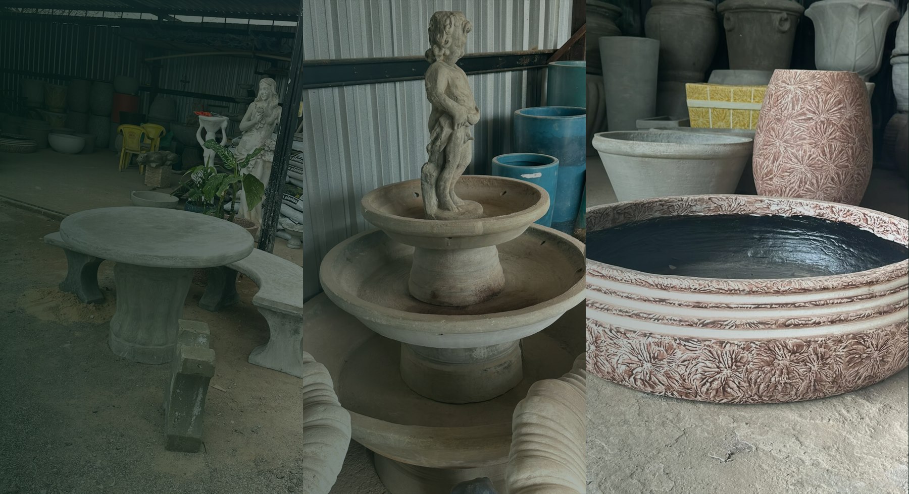 Composição real com mesa de concreto, fonte e vasos da Dois Irmãos